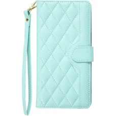 Fourre iPhone 16 Pro - Flip matelass&eacute; &eacute;l&eacute;gant avec fermeture magn&eacute;tique et lani&egrave;re et emplacements pour cartes - Turquoise