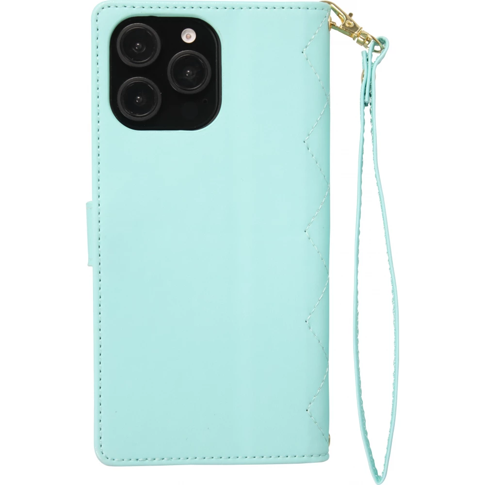 Fourre iPhone 16 Pro - Flip matelass&eacute; &eacute;l&eacute;gant avec fermeture magn&eacute;tique et lani&egrave;re et emplacements pour cartes - Turquoise