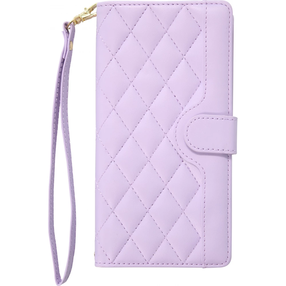 Fourre iPhone 16 Pro - Flip matelass&eacute; &eacute;l&eacute;gant avec fermeture magn&eacute;tique et lani&egrave;re et emplacements pour cartes - Violet clair