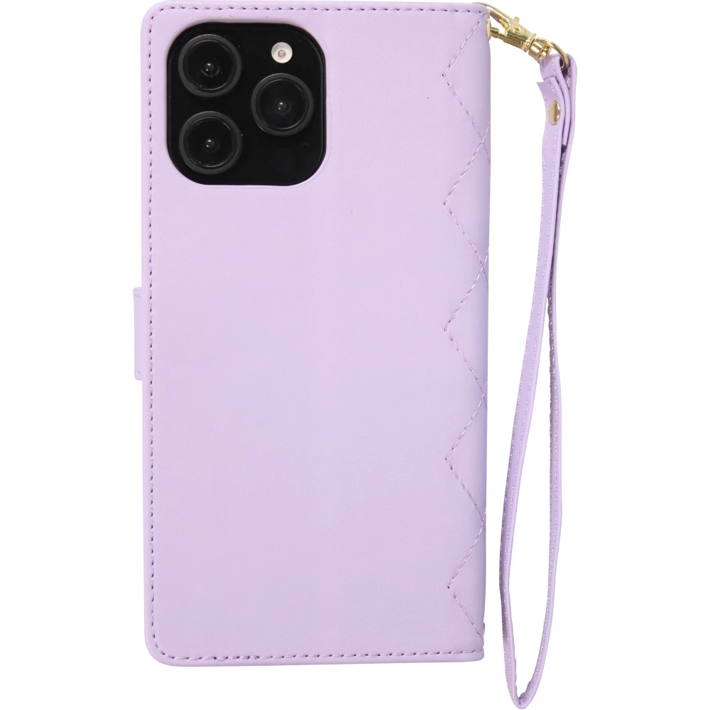 Fourre iPhone 16 Pro - Flip matelass&eacute; &eacute;l&eacute;gant avec fermeture magn&eacute;tique et lani&egrave;re et emplacements pour cartes - Violet clair