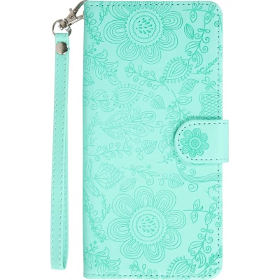 Fourre iPhone 16 Pro - Flip porte-cartes dessins fleurs avec lanière - Turquoise