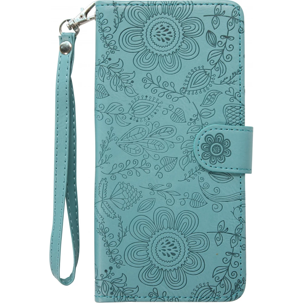 iPhone 16 Pro Case H&uuml;lle - Flip Kartenetui Blumenmuster mit Lanyard - Dunkelblau