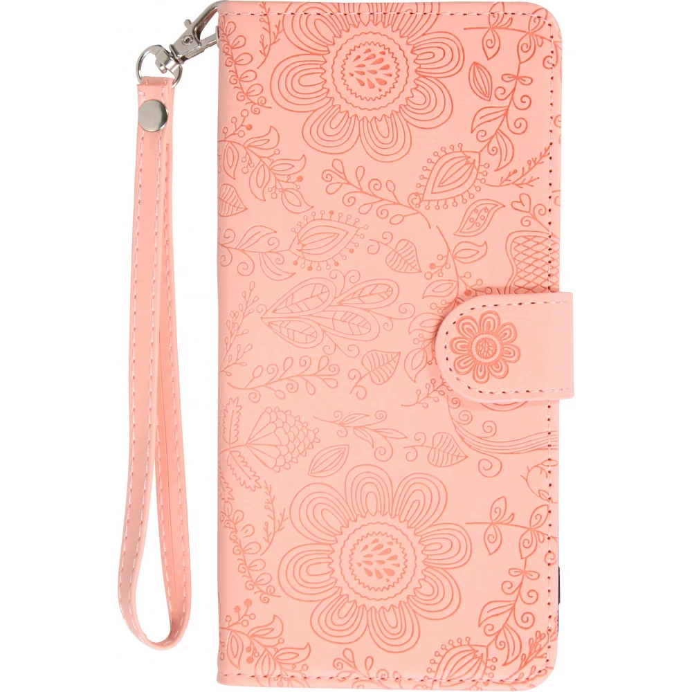 iPhone 16 Pro Case H&uuml;lle - Flip Kartenetui Blumenmuster mit Lanyard - Rosa