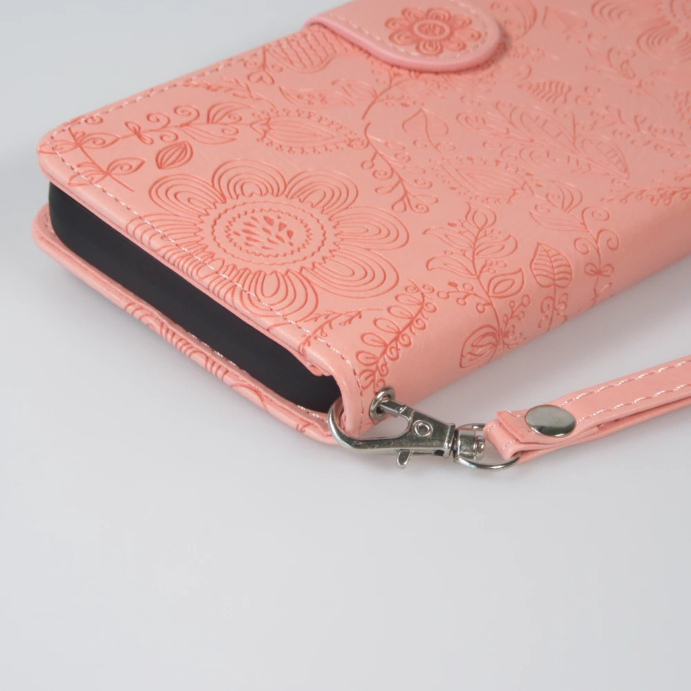 iPhone 16 Pro Case H&uuml;lle - Flip Kartenetui Blumenmuster mit Lanyard - Rosa