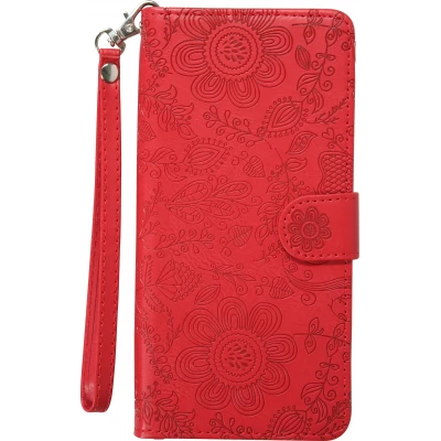 Fourre iPhone 16 Pro - Flip porte-cartes dessins fleurs avec lani&egrave;re - Rouge
