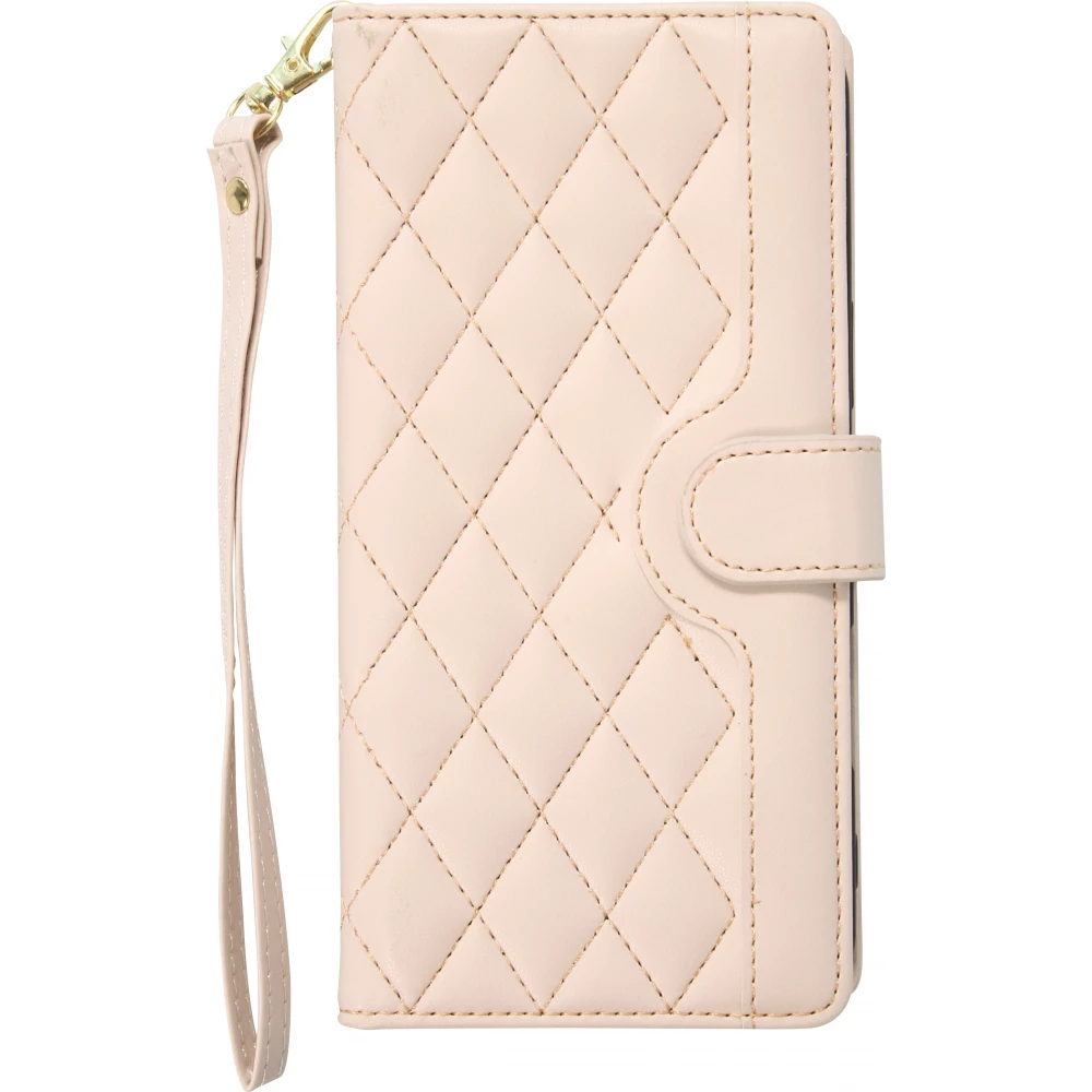 Fourre iPhone 16 Pro Max - Flip matelass&eacute; &eacute;l&eacute;gant avec fermeture magn&eacute;tique et lani&egrave;re et emplacements pour cartes - Beige