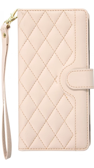 iPhone 16 Pro Max Case H&uuml;lle - Elegante Flip-Matratze mit Magnetverschluss Trageschlaufe und Kartenf&auml;chern - Beige