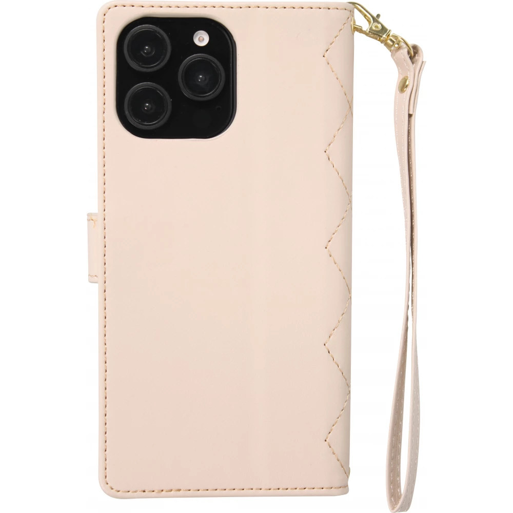 Fourre iPhone 16 Pro Max - Flip matelass&eacute; &eacute;l&eacute;gant avec fermeture magn&eacute;tique et lani&egrave;re et emplacements pour cartes - Beige