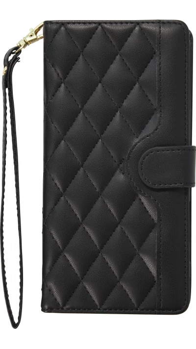 Fourre iPhone 16 Pro Max - Flip matelass&eacute; &eacute;l&eacute;gant avec fermeture magn&eacute;tique et lani&egrave;re et emplacements pour cartes - Noir