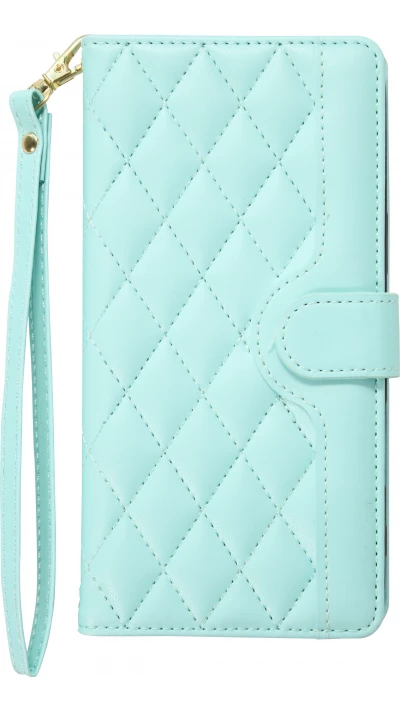 Fourre iPhone 16 Pro Max - Flip matelass&eacute; &eacute;l&eacute;gant avec fermeture magn&eacute;tique et lani&egrave;re et emplacements pour cartes - Turquoise