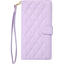 Fourre iPhone 16 Pro Max - Flip matelass&eacute; &eacute;l&eacute;gant avec fermeture magn&eacute;tique et lani&egrave;re et emplacements pour cartes - Violet clair
