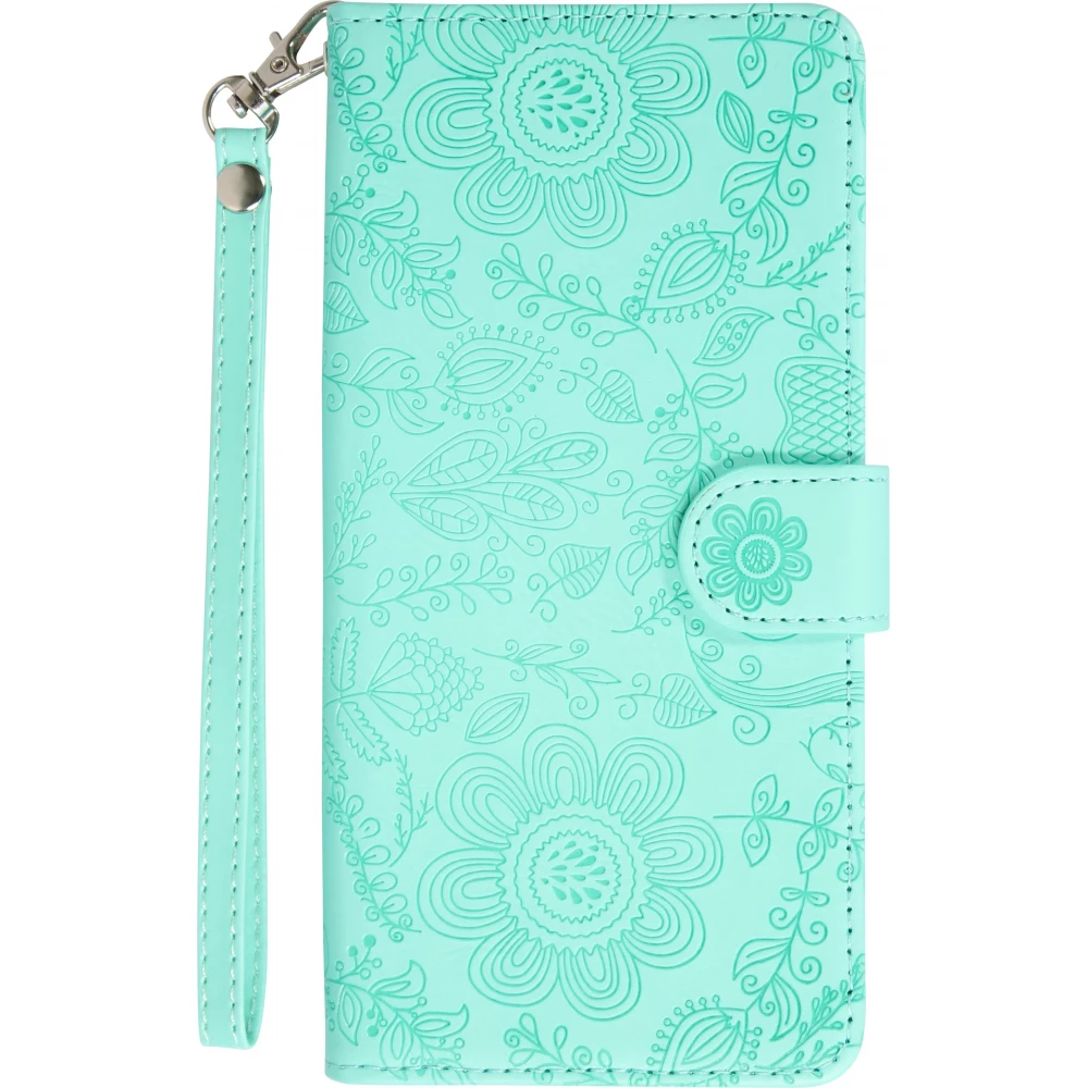 Fourre iPhone 16 Pro Max - Flip porte-cartes dessins fleurs avec lanière - Bleu clair
