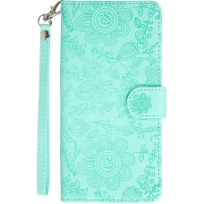 Fourre iPhone 16 Pro Max - Flip porte-cartes dessins fleurs avec lanière - Bleu clair