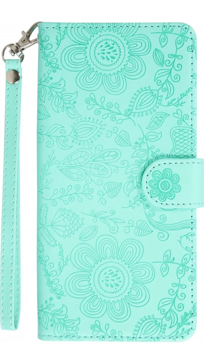 Fourre iPhone 16 Pro Max - Flip porte-cartes dessins fleurs avec lanière - Turquoise