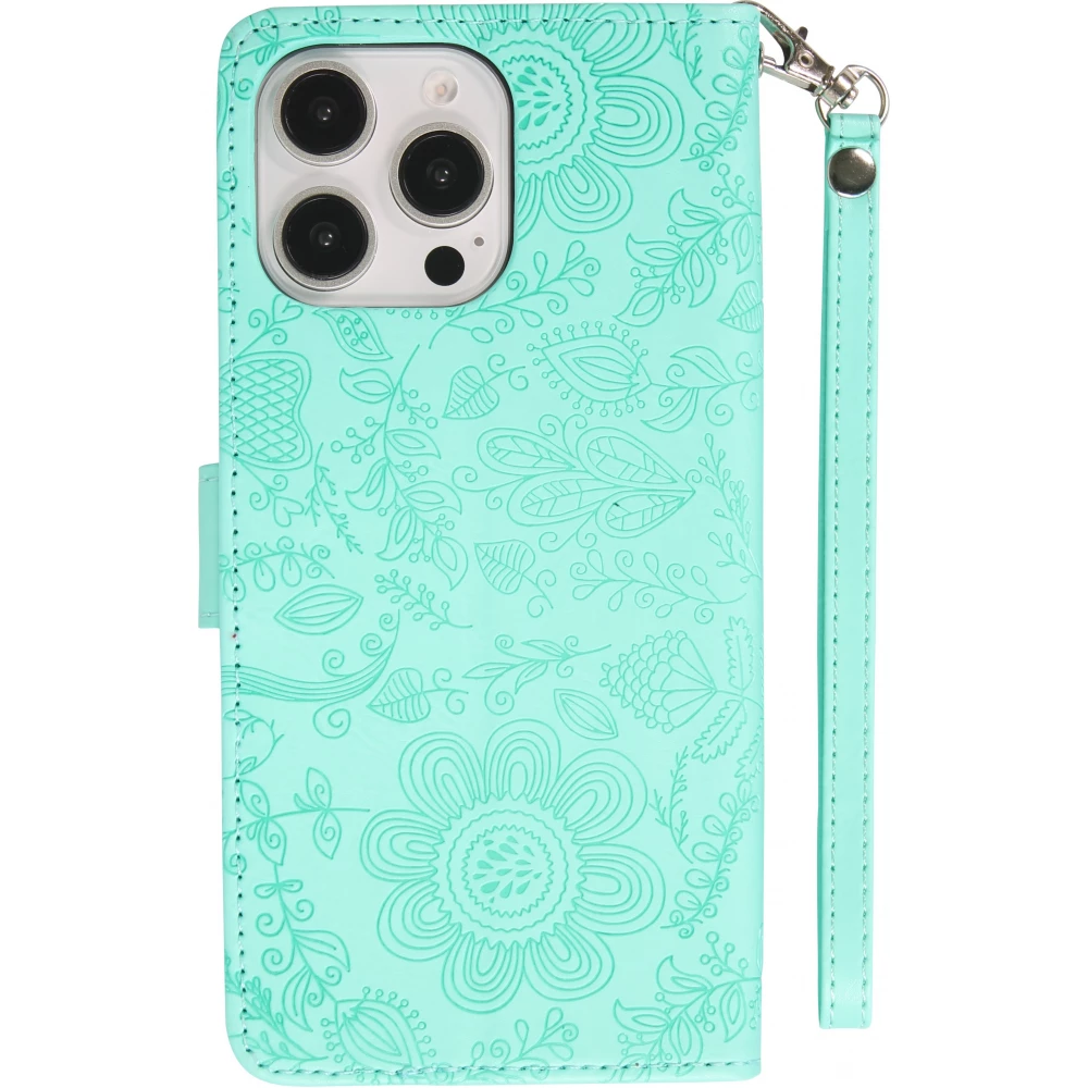 Fourre iPhone 16 Pro Max - Flip porte-cartes dessins fleurs avec lanière - Bleu clair