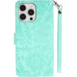 Fourre iPhone 16 Pro Max - Flip porte-cartes dessins fleurs avec lanière - Bleu clair