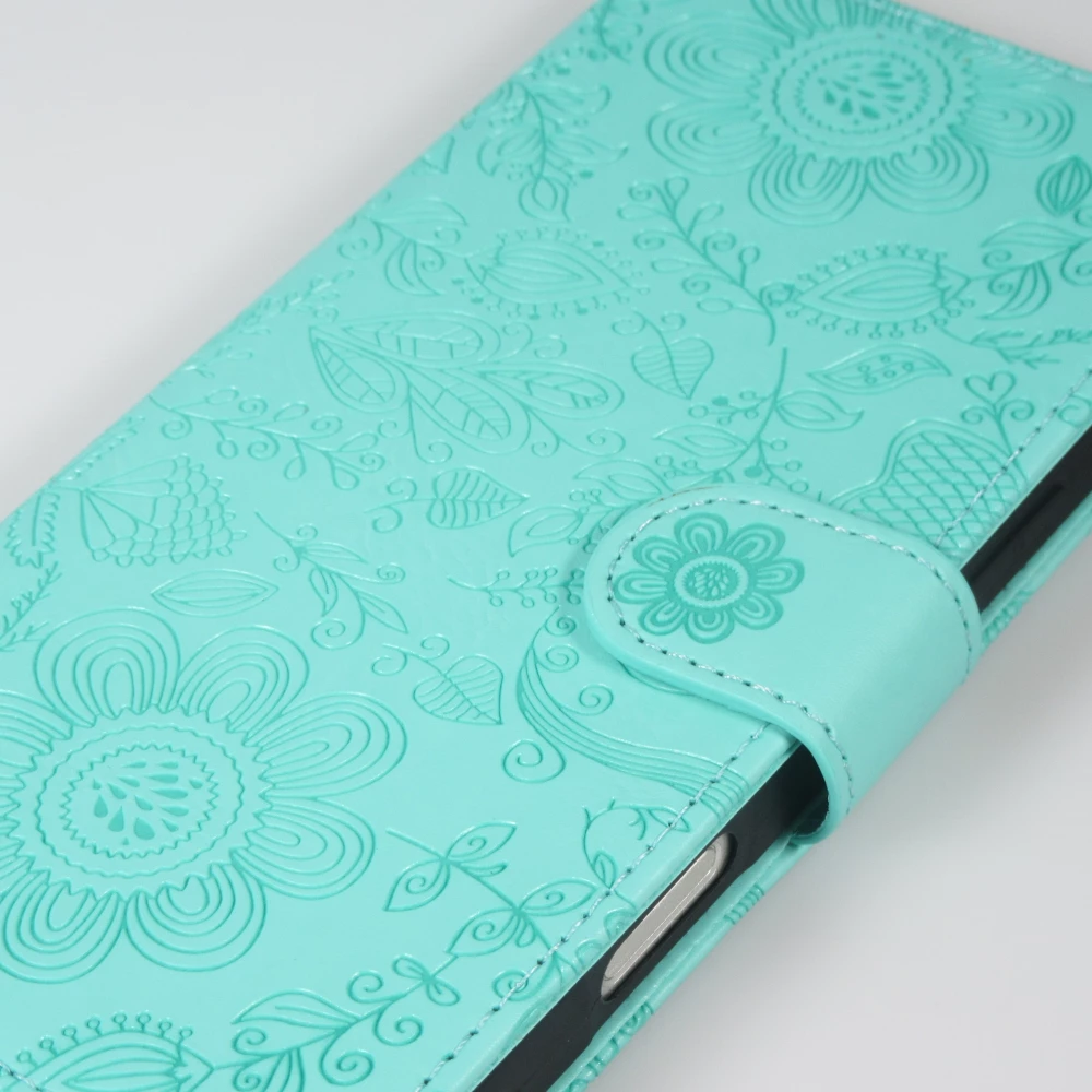 Fourre iPhone 16 Pro Max - Flip porte-cartes dessins fleurs avec lanière - Bleu clair
