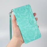 Fourre iPhone 16 Pro Max - Flip porte-cartes dessins fleurs avec lanière - Bleu clair