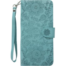 Fourre iPhone 16 Pro Max - Flip porte-cartes dessins fleurs avec lani&egrave;re - Bleu fonc&eacute;