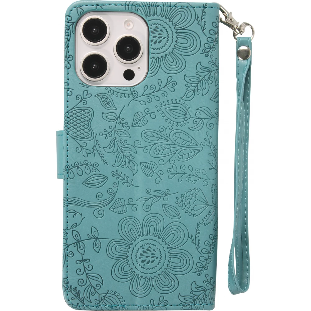 Fourre iPhone 16 Pro Max - Flip porte-cartes dessins fleurs avec lani&egrave;re - Bleu fonc&eacute;