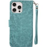 Fourre iPhone 16 Pro Max - Flip porte-cartes dessins fleurs avec lani&egrave;re - Bleu fonc&eacute;