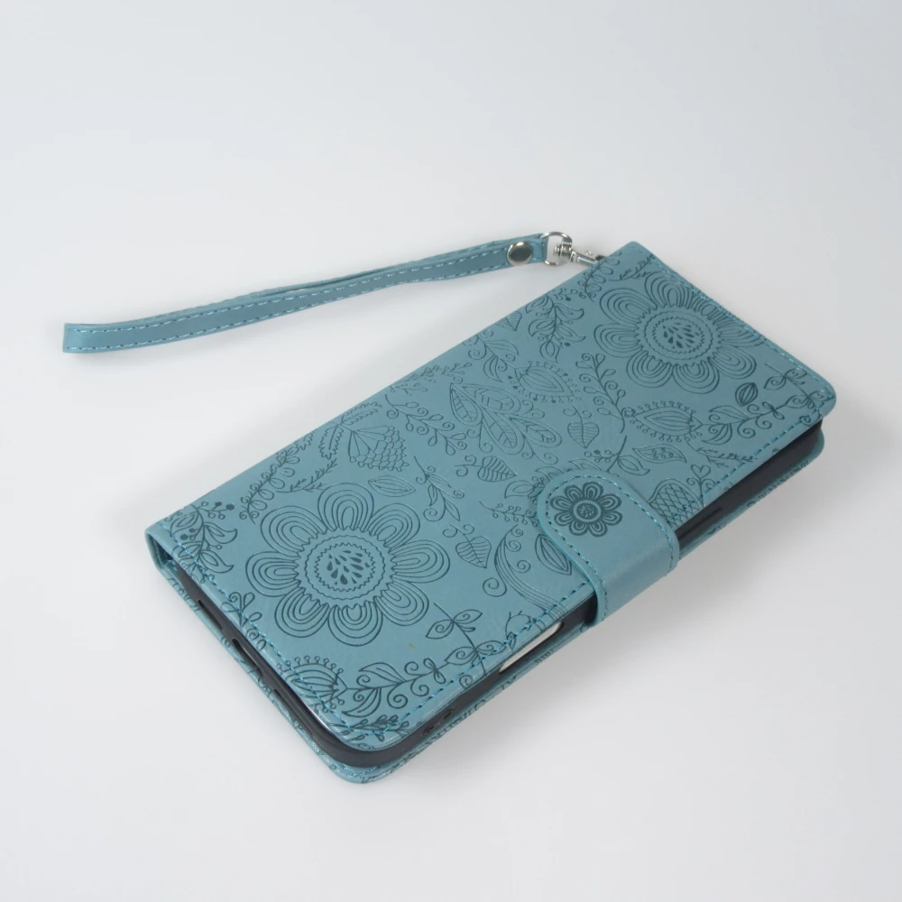 Fourre iPhone 16 Pro Max - Flip porte-cartes dessins fleurs avec lani&egrave;re - Bleu fonc&eacute;