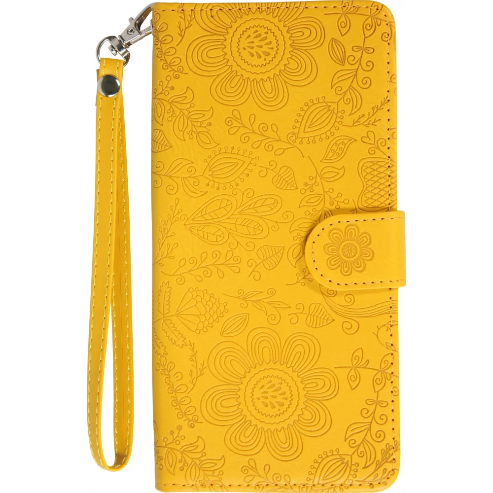 iPhone 16 Pro Max Case H&uuml;lle - Flip Kartenetui Blumenmuster mit Lanyard - Gelb