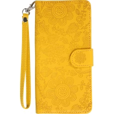 iPhone 16 Pro Max Case H&uuml;lle - Flip Kartenetui Blumenmuster mit Lanyard - Gelb