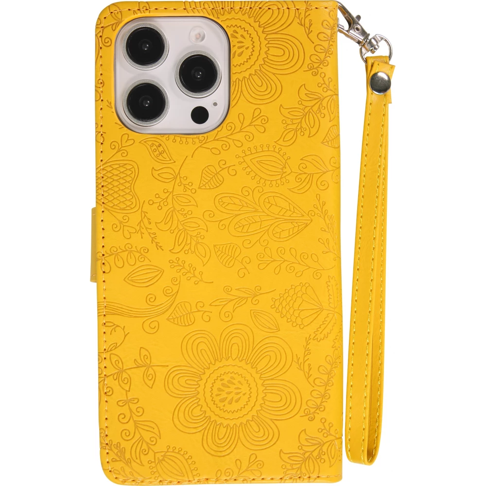 iPhone 16 Pro Max Case H&uuml;lle - Flip Kartenetui Blumenmuster mit Lanyard - Gelb
