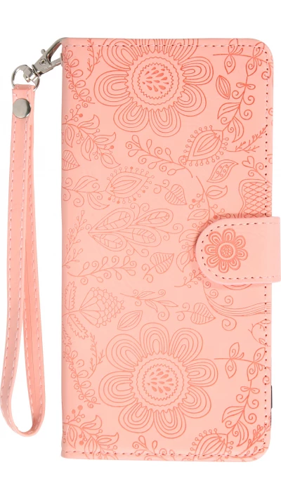 Fourre iPhone 16 Pro Max - Flip porte-cartes dessins fleurs avec lani&egrave;re - Rose