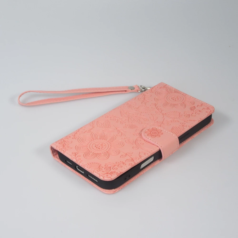Fourre iPhone 16 Pro Max - Flip porte-cartes dessins fleurs avec lani&egrave;re - Rose
