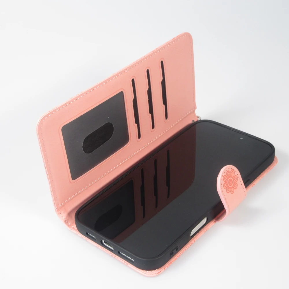 Fourre iPhone 16 Pro Max - Flip porte-cartes dessins fleurs avec lani&egrave;re - Rose