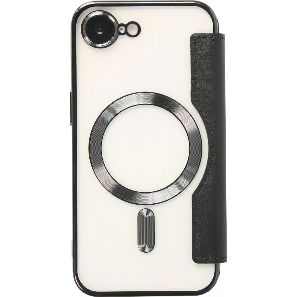 Fourre iPhone 16e - Flip electroplate avec MagSafe et rabat en cuir - Noir