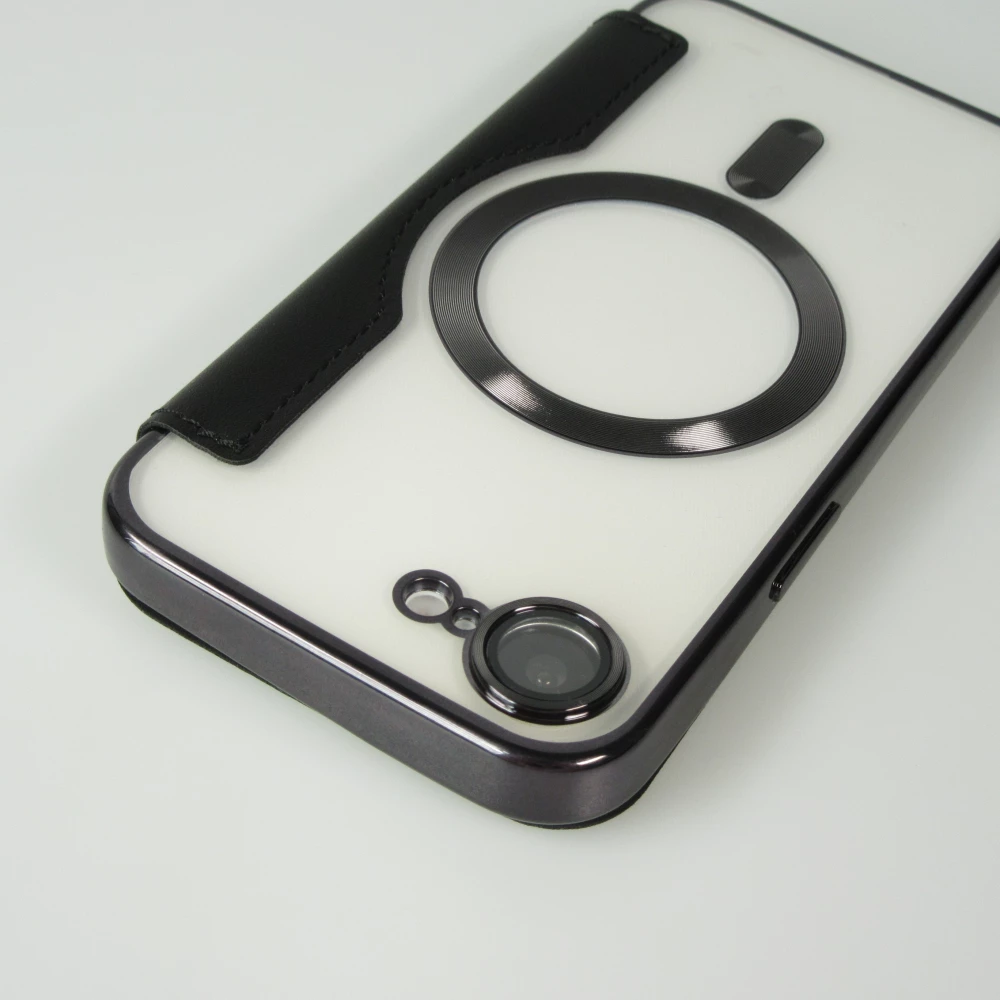 Fourre iPhone 16e - Flip electroplate avec MagSafe et rabat en cuir - Noir