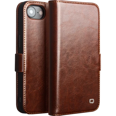 Fourre iPhone 17e / 16e - Flip Qialino cuir véritable avec fermeture magnétique - Brun