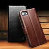 Fourre iPhone 17e / 16e - Flip Qialino cuir véritable avec fermeture magnétique - Brun