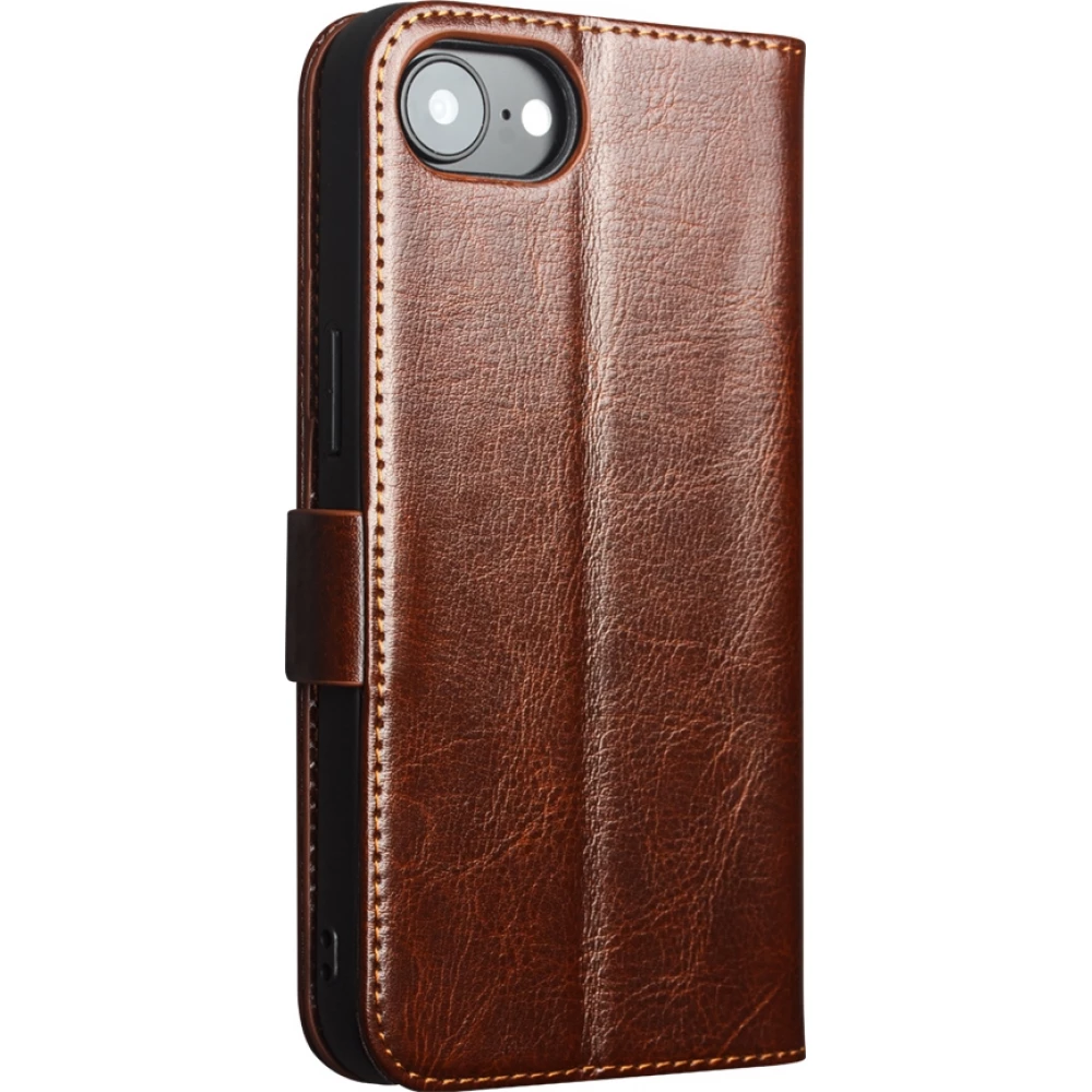 Fourre iPhone 17e / 16e - Flip Qialino cuir véritable avec fermeture magnétique - Brun