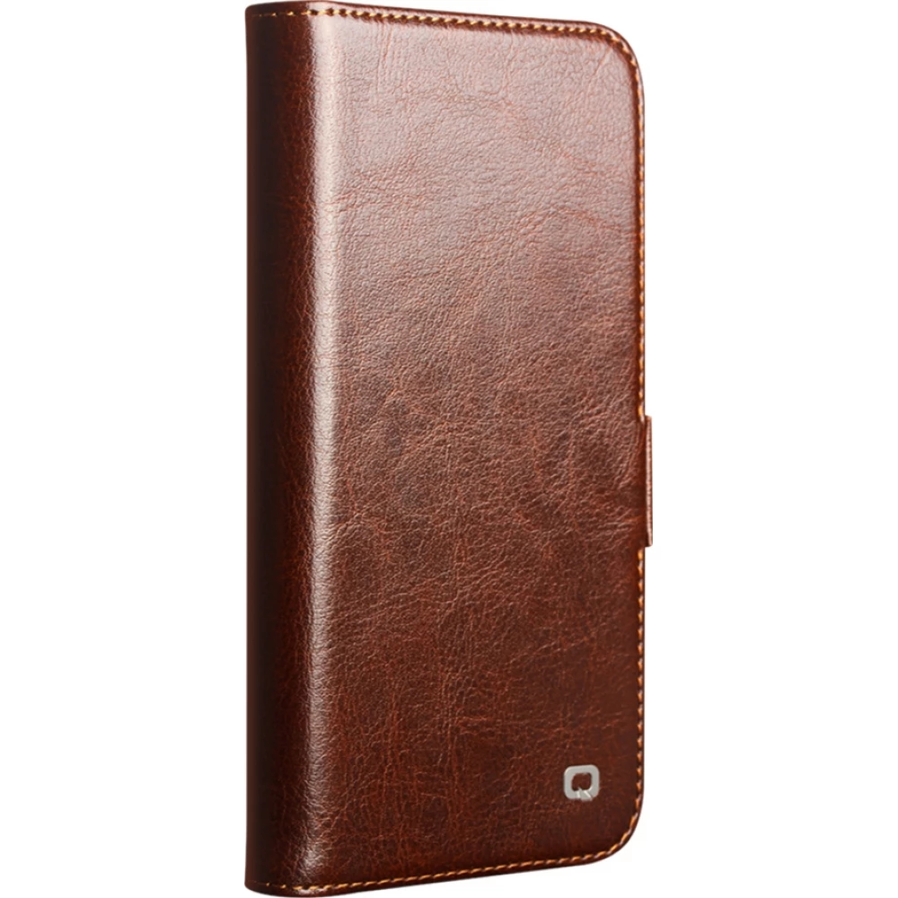 Fourre iPhone 17e / 16e - Flip Qialino cuir véritable avec fermeture magnétique - Brun