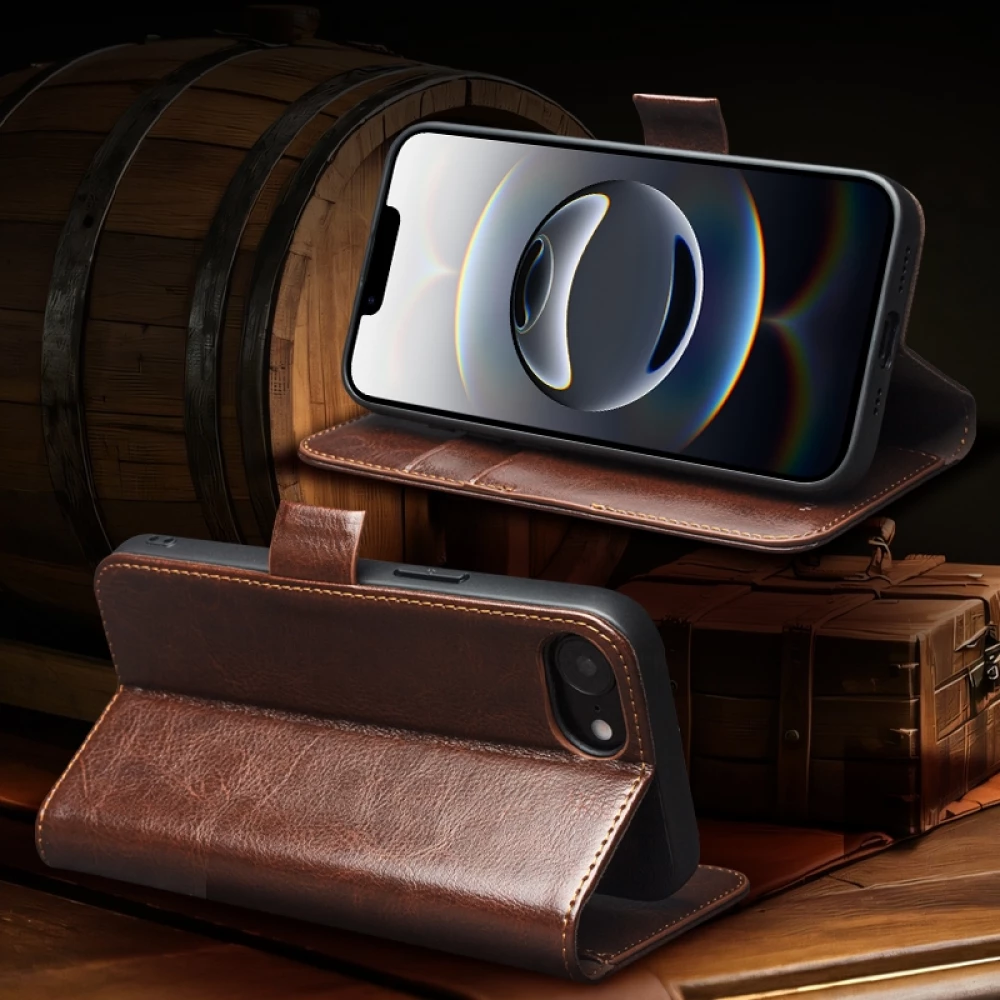 Fourre iPhone 17e / 16e - Flip Qialino cuir véritable avec fermeture magnétique - Brun