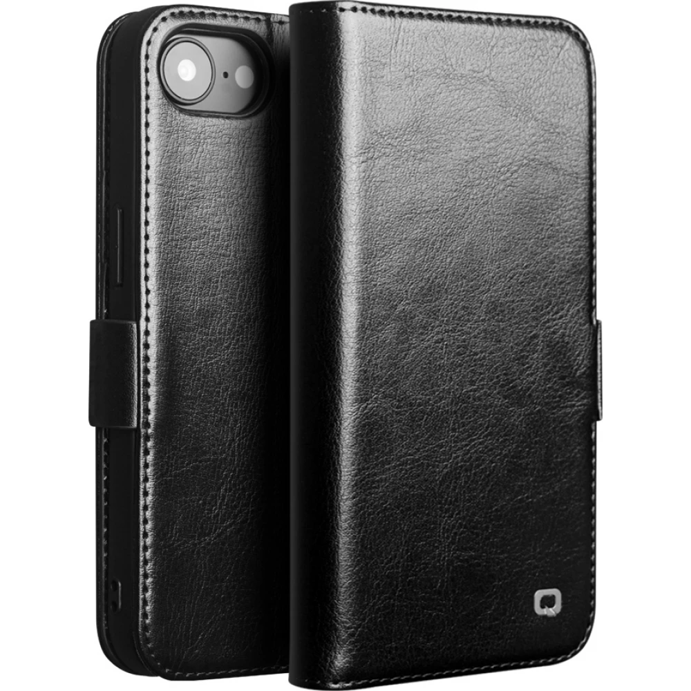 Fourre iPhone 17e / 16e - Flip Qialino cuir véritable avec fermeture magnétique - Noir