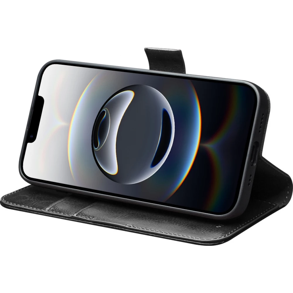 Fourre iPhone 17e / 16e - Flip Qialino cuir véritable avec fermeture magnétique - Noir