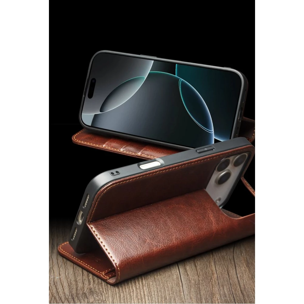 Fourre iPhone 17 - Flip Qialino Classic Wallet cuir véritable - Noir