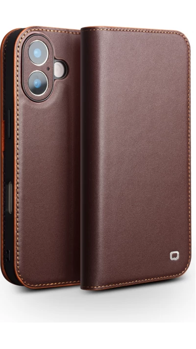 Fourre iPhone 17 - Flip Qialino Matt Wallet cuir véritable - Brun foncé mat