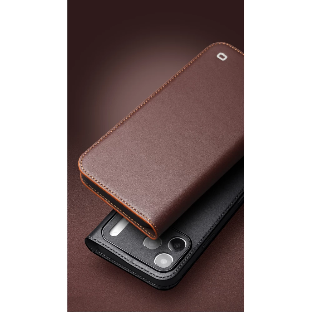 iPhone 17 Case Hülle - Qialino Flip Matt Wallet Echtleder - Schwarz