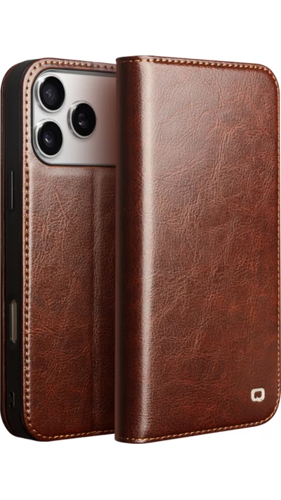 Fourre iPhone 17 Pro - Flip Qialino Classic Wallet cuir véritable - Brun foncé