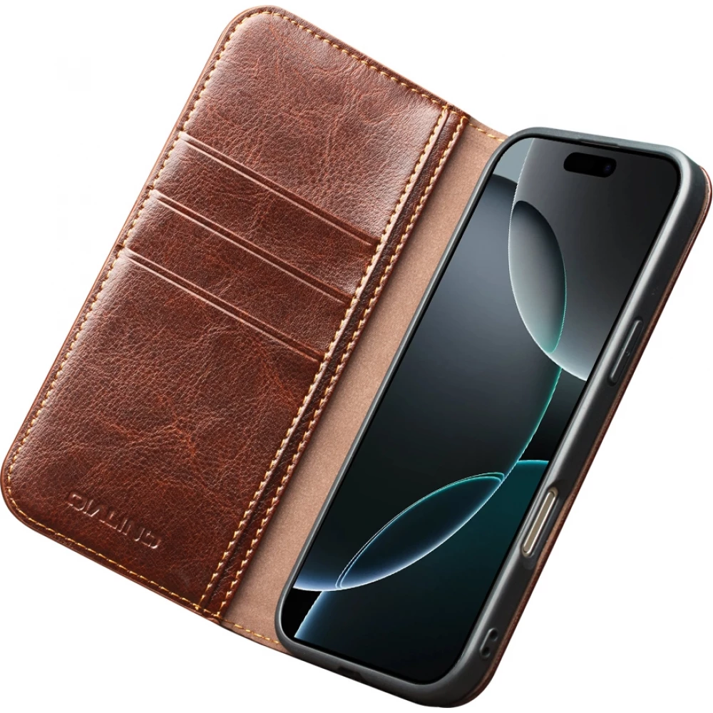 iPhone 17 Pro Max Case Hülle - Qialino Flip Classic Wallet Echtleder - Braun