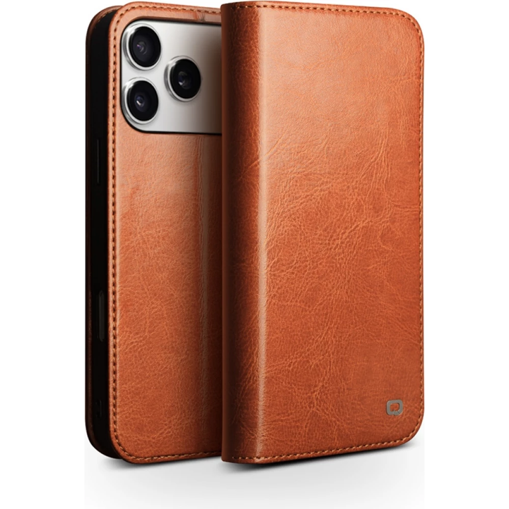Fourre iPhone 17 Pro Max - Flip Qialino Classic Wallet cuir véritable - Brun clair