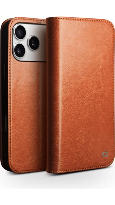 Fourre iPhone 17 Pro - Flip Qialino Classic Wallet cuir véritable - Brun clair