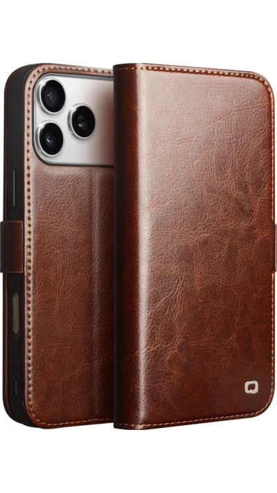 Fourre iPhone 17 Pro - Flip Qialino cuir véritable avec fermeture magnétique - Brun