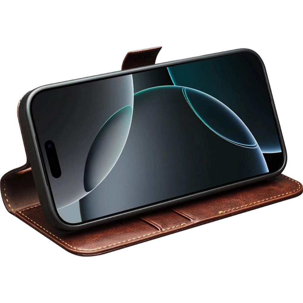 iPhone 17 Pro Case Hülle - Flip Qialino Echtleder mit magnetischem Verschluss - Braun
